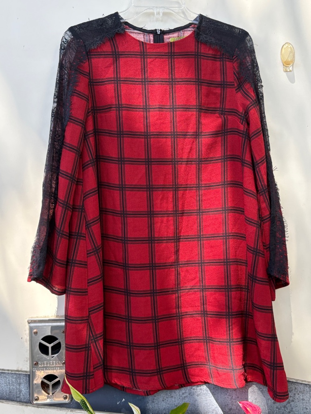 Gianni Bini Red and Black Plaid Long Sleeve Dress with Lace Shoulders - Picture 2 of 7
